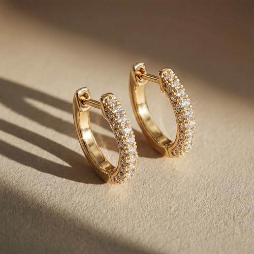 Dremmy Studios Dainty CZ Huggie Hoop Earrings 14K Gold Plated Chunky Simple Cute Thick Round Frill Bead Ball Starburst Cuff Earrings Cubic Zirconia Hoop Earrings Minimalist Personalized Gift for Her - color: CZ White