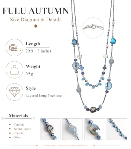FULU AUTUMN Long Layered Beaded Necklaces for Women Statement Double Bead Strand Ceramic Flower Boho Jewelry Gifts for Mom - color: Navy Blue