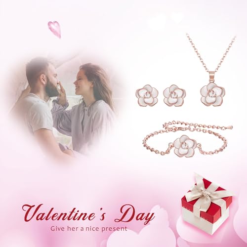 EleQueen Rose Flower Necklace Earrings Bracelet Set for Women - color: White-Rose Gold