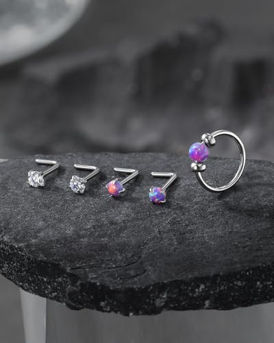 Jewseen 5Pcs Stainless Steel Nose Rings Hoops 20g Opal Nose Studs L Shaped Nose Rings Nose Piercing Jewelry Cartilage Hoop Helix Tragus Daith Earrings for Women - color: purple