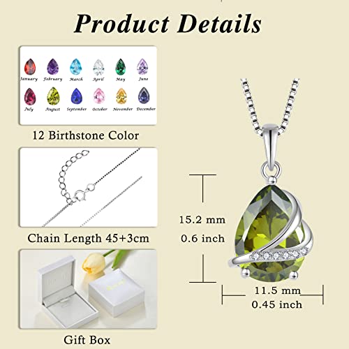 Birthstone Pendant Necklace 925 Sterling Silver Teardrop Jewelry for Women - color: Olive Green