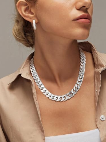 FindChic Cuban Link Chain Necklace for Women Men, Silver/Gold Plated Stainless Steel Solid Miami Curb Chain Hip Hop Punk Statement Jewelry, 5/12/14mm Width, 16/18/20 Inch Length, with Gift Box - color: 03. 12mm-Silver, size: 20inches