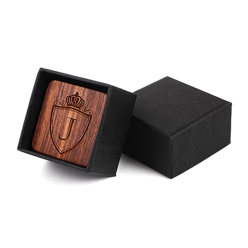 Mens Initial Silver Cufflinks A-Z Alphabet Letter Steel Cuff Links with Engraved Walnut Wood Box Groom Groomsman Wedding Set… - style: J