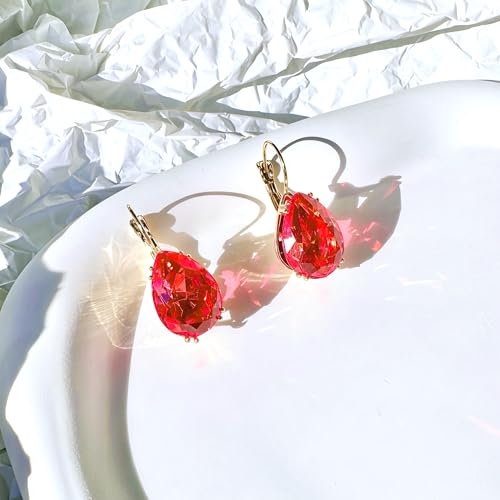 14K Gold Teardrop Crystal Leverback Earrings Sparkly Rhinestone Water Droplet Dangle Drop Earrings For Women - color: Bright Red