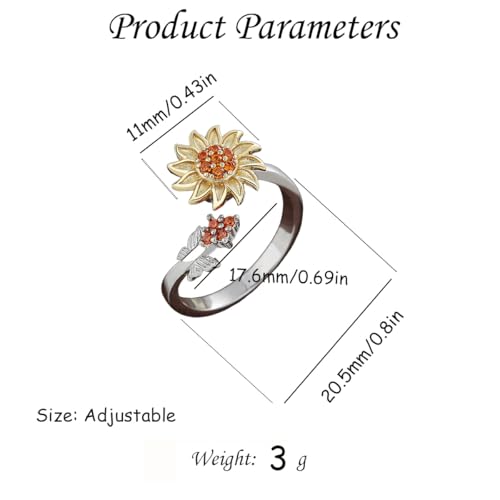 Hebelee Rotatable CZ Sunflower Spinner Ring for Women Fashion Crystal Rotating Flower Stackable Statement Open Wrap Finger Rings Comfort Fit Adjustable Fidget Anxiety Relieving Stress Jewelry - color: Red Flower