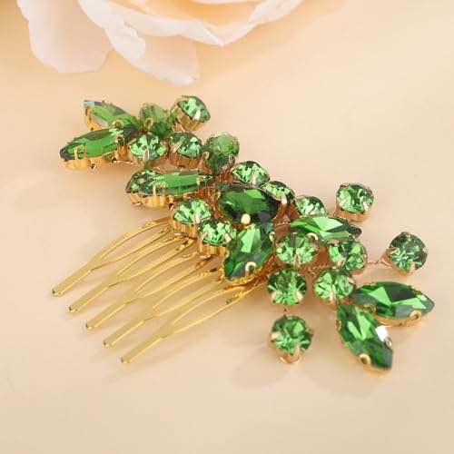 Dainty Teardrop Rhinestone Crystal Wedding Hair Comb Handmade Hair Side Comb Women Girls Wedding Headpiece Silver Gold Wedding Hair Accessories for Brides Bridesmaid (green) - color: green