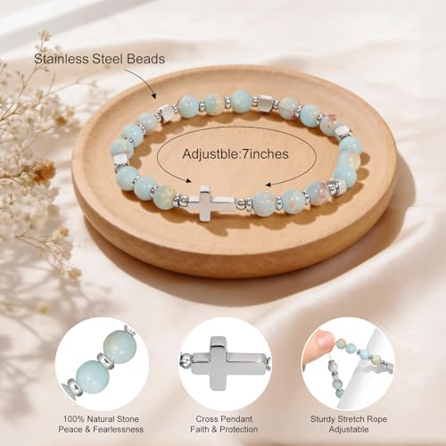 Natural Stone Stretch Bracelet for Women - Holy Water Elastic Cross Bracelet | Christmas Christian Baptism Gift, Meaningful Gifts, Unique Gift for Friends Mom Daughter Sister - style: cross-Sister in Christ