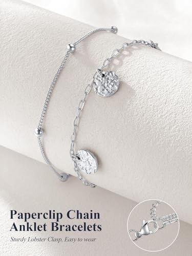U7 Silver/Gold/Black Ankle Bracelets for Women Layered Chain Anklets | Stainless Steel Anklets Waterproof Summer Beach Anklet Charm, Adjustable 8.5"-10.5",Layered Anklet Fashion - color: Silver - Ball Chain+Paperclip Chain