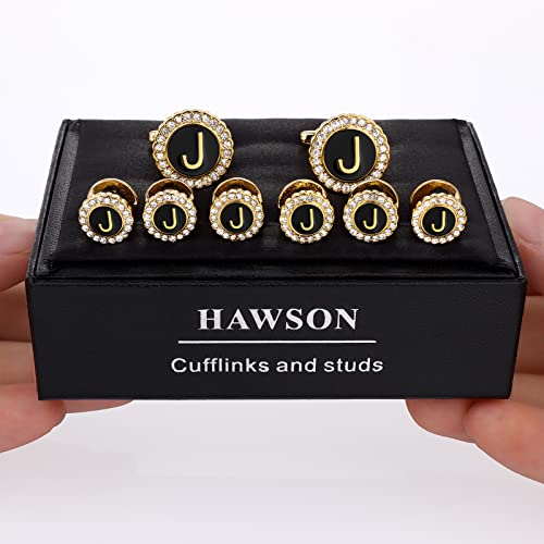 HAWSON 18K Gold Tone Initial Cufflinks for Men with Tuxedo Studs - Gift Boxed, Stylish Men's Jewelry Accessories for Weddings, Birthdays, Anniversaries, Father's Day - color: J-Cufflinks & Studs Set