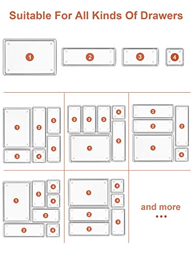 SMARTAKE 22 PCS Drawer Organizer, 4-Size Desk Bathroom Drawer Organizer | 4-Size Storage Tray with Non-Slip Silicone Pads for Makeup, Jewelries, Utensils in Bedroom Dresser, Office and Kitchen, Clear - size: Large