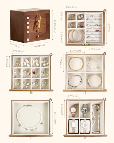 CHOSIN Black Walnut Wooden Jewelry Box for Women with Lock, Mirror, 5 Layer | Lockable wity Key, 4 Drawers, 2 Side Doors, Large Capacity for Necklaces, Earrings, Rings, Watches, Brooches, Women Gifts - size: 5 Layer - Top Lock