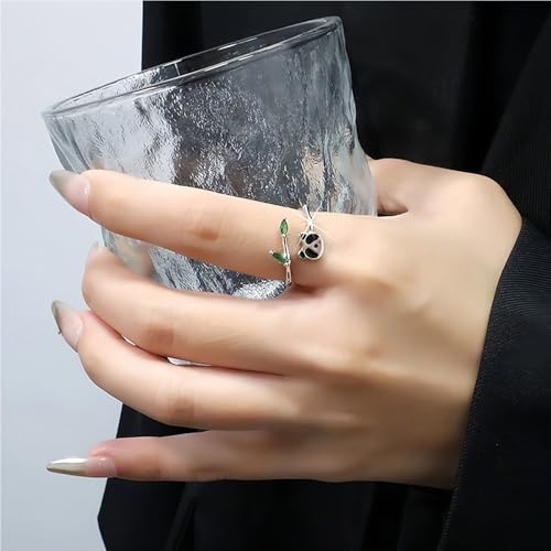 Adjustable Leaf Stackable Rings for Women Cubic Zirconia Stones Blue Leaves Purple Flower Open Band Stacking Finger Sliver Rings Fashion Plant Floral Aesthetic CZ Jewelry - color: bamboo panda