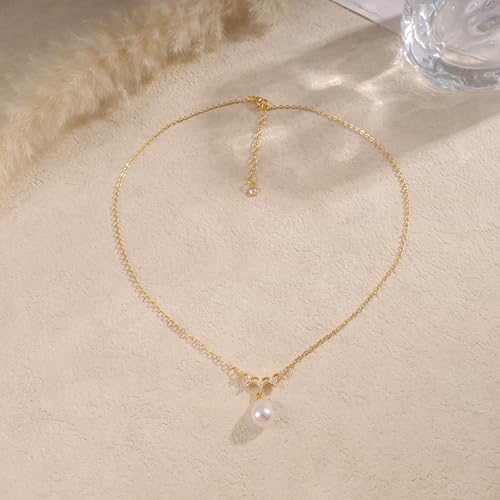 Pearl Necklaces for Women Trendy,14k Gold Plated Pearl Pendant Necklace Dainty Wedding Necklace Small Cute Gold Choker Necklace for Women Non Tarnish Gold Prom Jewelry Fashion Bridesmaids Gifts - color: Horizontally CZ
