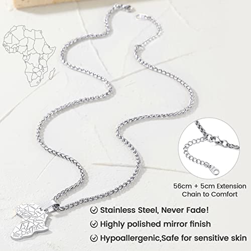 GOLDCHIC JEWELRY Africa Map Necklace for Men, Stainless Steel African Tribal/Egyptian Eye of Horus/I LOVE AFRICA/Elephant Map Hiphop Jewelry Unisex with 22'+2'Adjustable Chain - color: Africa Map - Stainless Steel, style: No Customization