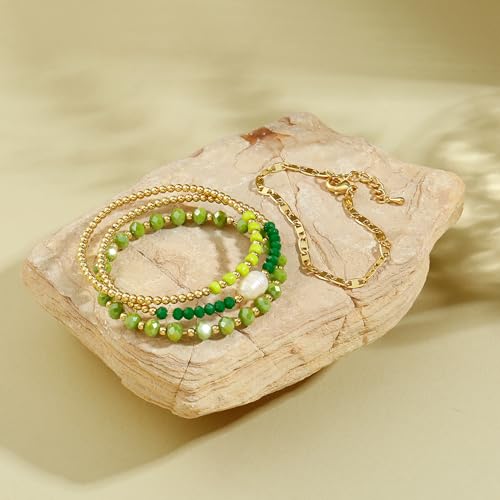 Badu Gold Beaded Bracelets for Women Boho Crystal Multiple Layered Stackable Wrap Bangle Set Paperclip Chain Trendy Jewelry - color: Gold-green
