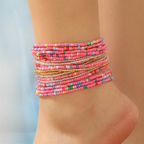 18Pcs Boho Stackable Beaded Bracelets for Women Colorful Handmade Multilayered Rice Beads Anklets Set Summer Beach Bohemian Jewelry Gift - color: Style 1 Pink A