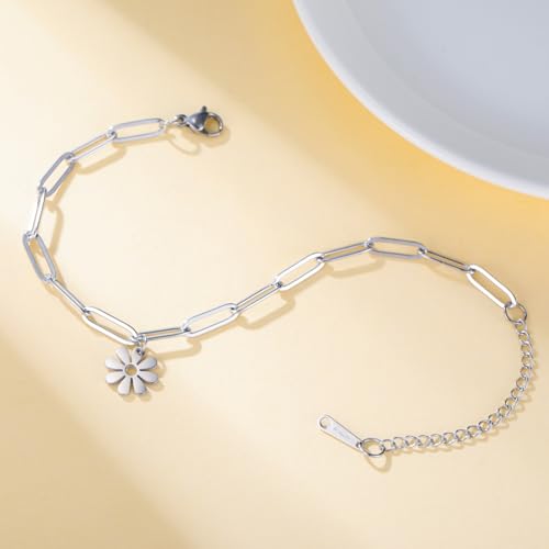 Dreamtimes Daisy Flower Anklets for Women Leaf Anklet Dainty Beach Anklet Jewelry Stainless Steel Adjustable Foot Chain Summer Boho Charm Foot Ankle Bracelet Jewelry - color: Daisy-Silver