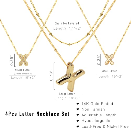 stino 4PCs Bubble Initial Letter Necklace Set, No Tarnish 14K Gold Plated Alphabet Pendant, Jewelry for Women - style: X