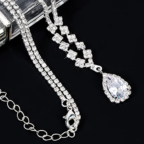CIEHER Silver 2/3 Pieces Women Jewelry Set - Drop Necklace + Crystal Teardrop Dangle Earring Clips, Crystal Clip On Earrings Silver Non Pierced - style: Formal