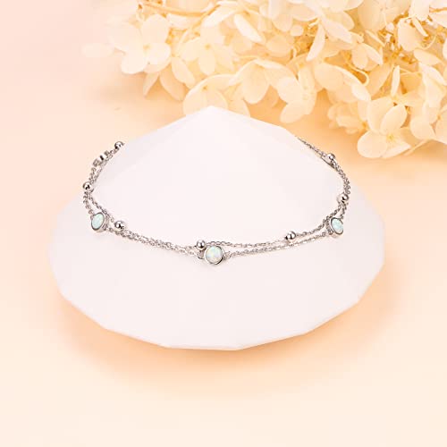 Flyow Anklet for Women S925 Sterling Silver Adjustable Foot Beaded Heart Charm Ankle Bracelet Anklets Jewelry - style: Opal