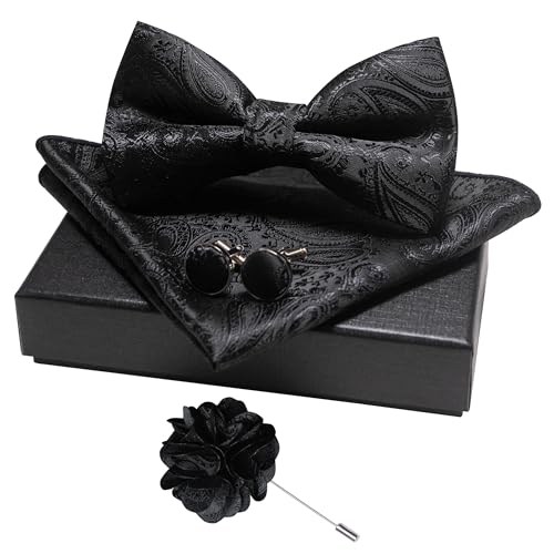 JEMYGINS Mens Paisley Bow Tie and Lapel Pin Necktie Pocket Square and Tie Clip with Sets for Business Casual 4PCS - color: Black
