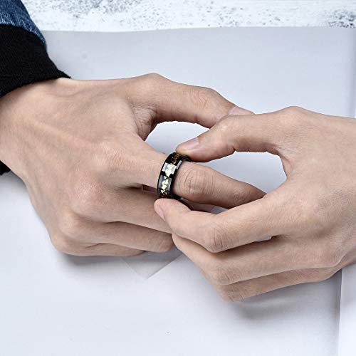 King Will Mens Wedding Band with Foils Inlay, Black/Silver/Gold Beveled Edge Glowstone Ring, 6mm/8mm Tungsten Carbide Rings Comfort Fit - color: Black&Gold-8mm