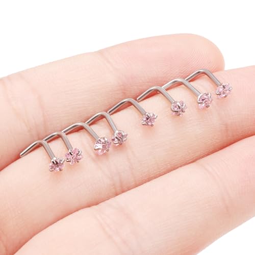 Hypoallergenic Nose Rings Studs 18G & 20G Surgical Steel Nose Studs L Shaped Nostril Piercing Jewelry with Pink Cubic Zirconia for Women & Men - color: 18g,L-shape,pink crystal