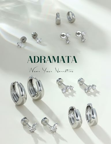 ADRAMATA Hypoallergenic Gold Earrings Stack for Women - 7Pairs Surgical Steel Small Chunky Huggie Hoops & Flat Back Stud Earrings Set Silver Cartilage Jewelry Trendy Christmas Gifts - style: Chunky - Silver