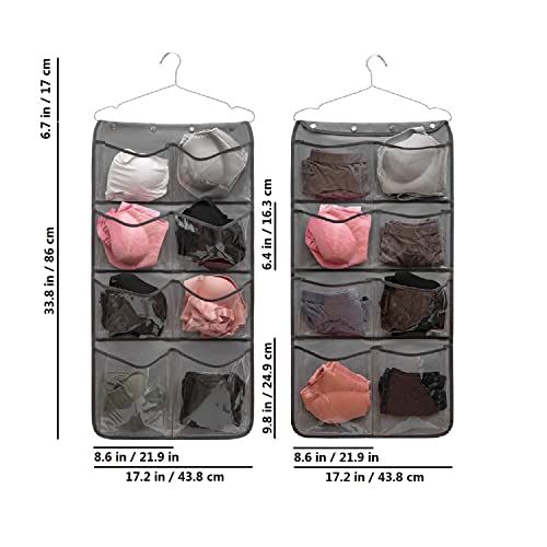 Dual Sided Hanging Closet Organizer Durable Socks Stocking Clothes Bra Accessories Storage Bag With 16 Large Pockets (Clear PVC Pockets)