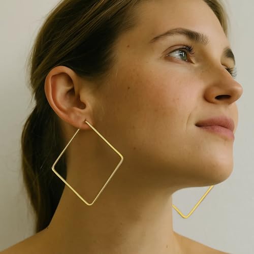 Hoop Earrings for Women - 18K Gold Plated Copper Minimalist Jewelry, Hypoallergenic Lightweight Design Fashion Statement Accessories for Daily Wear & Gifts - size: 57mm