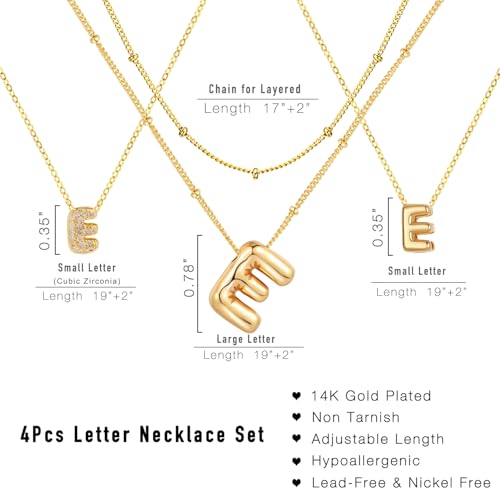 stino 4PCs Bubble Initial Letter Necklace Set, No Tarnish 14K Gold Plated Alphabet Pendant, Jewelry for Women - style: E