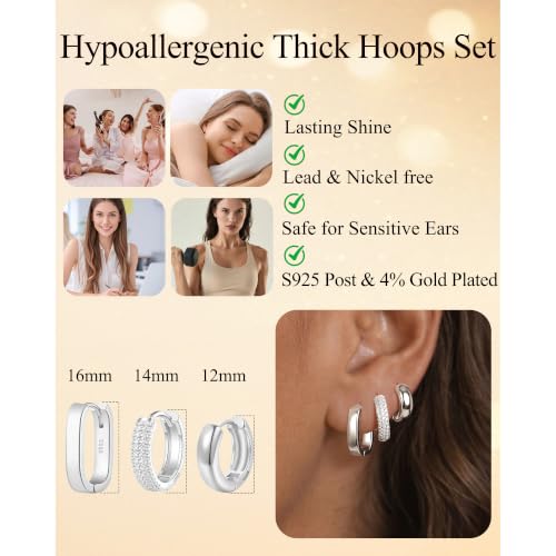 3 Pairs Chunky Small Hoops Set Huggie Earring Stack | Non Tarnish Hypoallergenic 925 Silver Square Earrings Waterproof Cubic Zirconia Hoop Earrings Chunky Gold Small Hoops - color: Silver