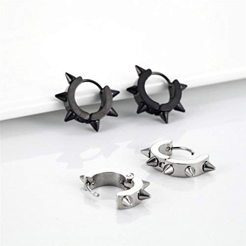 PROSTEEL Stainless Steel Huggie Hoop Earrings for Mens Gold/Black/Silver | Skull/Infinity Pattern, Spike/Cuban Links 4 Design Options Hypoallergenic Lightweight Earring Hip Hop Punk Gothic Jewelry - style: Spike Hoop-Silver