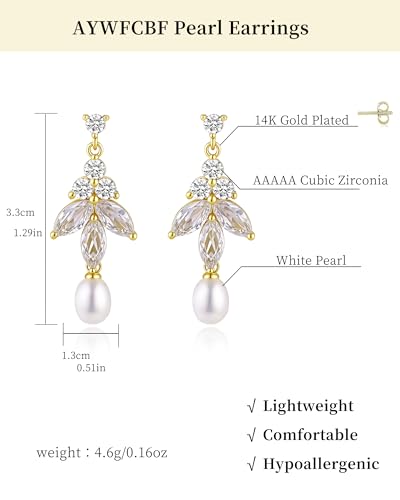 Pearl Earrings for Women, 14k Gold Plated Trendy Diamond Pearl Drop Earrings Bridal Shower Gifts Wedding jewelry for Women - color: Style E Silver