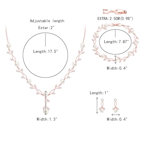 Crysdue Wedding Jewelry Set for Brides Bridesmaid, Cubic Zirconia Teardrop Marquise Leaf Cluster Pendant Necklace Bridal Tennis Bracelet Drop Earrings for Women Party Prom - style: B- Pearl set- rose gold