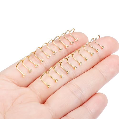 Hoeudjo Nose Studs Surgical Steel Cubic Zirconia Nose Rings Kit for Women Men Tiny Nose Stud Screw & Bone & L Shaped Nostril Piercing Jewelry 24-18 Gauge 20 Pieces Set - color: gold-tone,screw nose studs, size: 22g/2.0mm clear CZ
