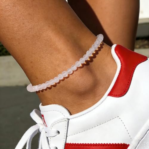 Natural Stone Beaded Anklets for Women, Handmade Boho Clear Quartz 4mm Crystal Beads Anklet, Gold Chain Adjustable Ankles Bracelet, Beach Summer Jewelry Gemstone Foot Bracelet Gift - color: Selenite