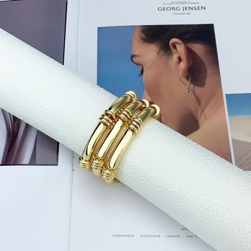 YBMYCM 5PCS Gold Chunky Bangles Bracelets for Women | 14k Gold Plated Stackable Layered Curved Bamboo Tube Stretch Bracelets Bangle Gift Jewelry - color: 3pcs G