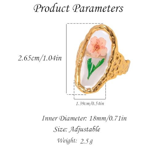 Hebelee Handmade Dried Flower Statement Ring for Women | Gold-Toned Stainless Steel,Adjustable,Pressed Blossom Forget-Me-Not Flowers Open Band Rings,Wedding Holiday Jewelry - color: Hammered Oval C