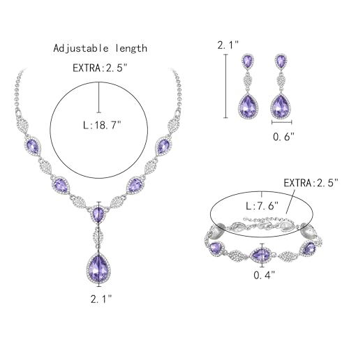 EleQueen Women's Wedding Bridal Jewelry Sets for Brides Bridesmaids, Cubic Zirconia Teardrop Necklace Tennis Bracelet Dangle Earrings Jewellery Set - color: Light Purple Silver-Tone