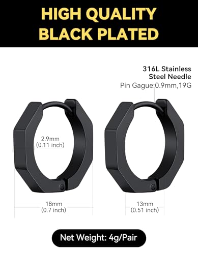 ChainsHouse Stud Earrings for Men Women,316L Stainless Steel/14K Gold/Black Plated Metal, Punk Hypoallergenic Surgical Huggie Hoop Earrings Mens Jewelry Piercing Hoop Earrings - style: E: Black-Octagon(1 Pair)