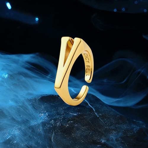 Cicy Bell Initial Rings for Women 18k Gold Plated Adjustable Rings | Open Signet Rings, Bold Letter, Personalized Engraved, For Party - color: Initial-V