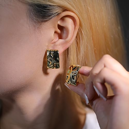 Mytys Two Tone Huggie Hoop Earrings Cross Over Design Twisted Rope Silver Gold Statement Wide Band Clip On Hoops for Women Fashion Jewelry Gift - color: Rectangle Gold