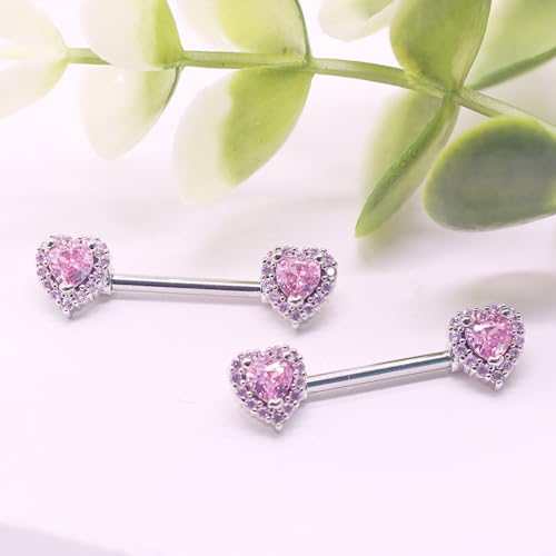 14G Nipple Rings for Women 316L Stainless Steel Heart,Butterfly,Moon,Devil,Flower Nipple Barbell CZ Nipple Rings Set Nipplerings Piercing Jewelry - color: pink