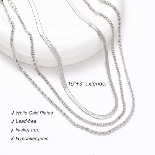 wgoud Gold Necklace for Women Waterproof,14K Real Gold Plated Herringbone Choker Necklace for Women Trendy, Dainty Gold Chain Necklaces Stack,Simple Layered Gold Necklaces for Women Jewelry Gifts - color: 3Pcs Silver Necklace