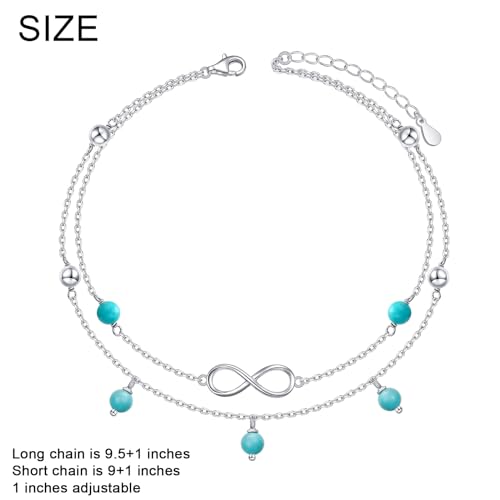 Flyow Anklet for Women S925 Sterling Silver Adjustable Foot Beaded Heart Charm Ankle Bracelet Anklets Jewelry - style: Turquoise infinity