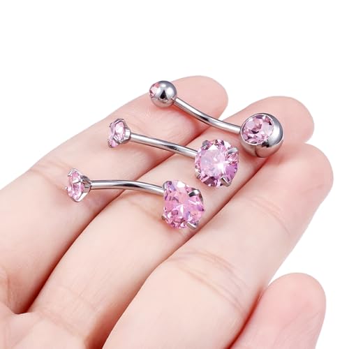 Belly Button Rings Surgical Steel Internally Threaded Belly Button Ring 10MM/12MM/14MM/16MM Navel Rings for Women Clear CZ 14G Long Bar Navel Piercing Jewelry - color: pink, size: 12mm bar length