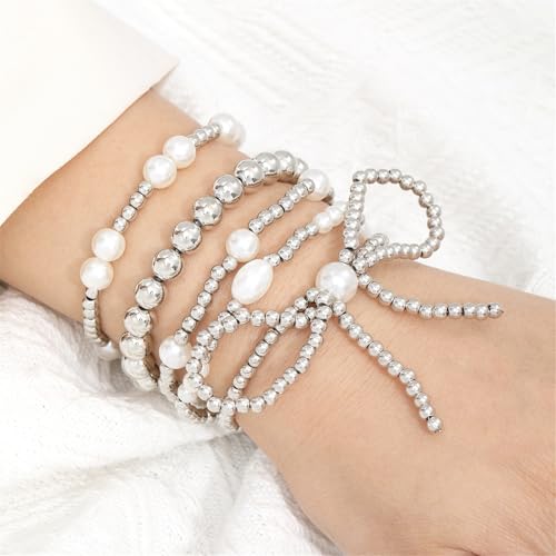 COLORFUL BLING Bow Bowknot Faux Pearl Beaded Ball Stretch Bracelet for Women Friend Jewelry Gift Adjustable Stackable Bracelet - color: B bow silver