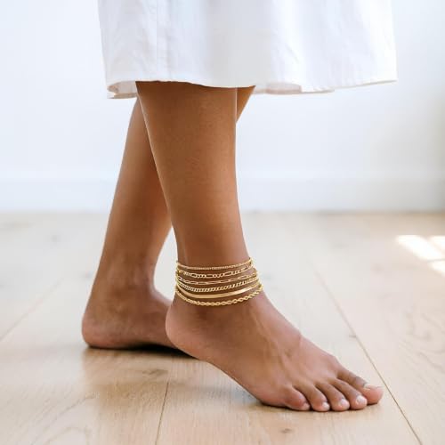 Layered Multi Chain Ankle Bracelet for Women Adjustable 8.27+1.97 Inch Foot Chain with Paperclip Rope Figaro Herringbone Cuban Links - color: Gold