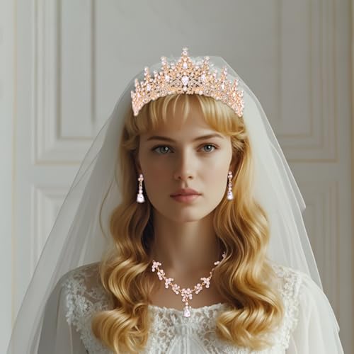 Crystal Crown and Tiara Jewelry Set for Women Bride with Necklace Earrings | Metal Rhinestone Royal Queen Princess Jewelry Set Wedding Quinceanera Pageant Prom Birthday Halloween Party Costume Gift - color: Gold